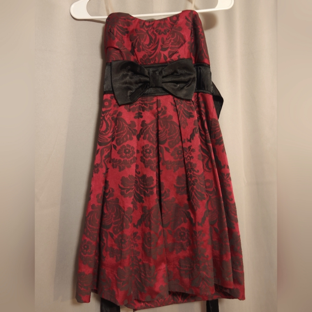 Speechless Red Black Damask Strapless Fit & Flare Empire Waist Dress, SZ 7